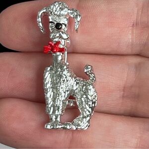 vintage silver tone poodle pin brooch red bow pin back 1.5 inches